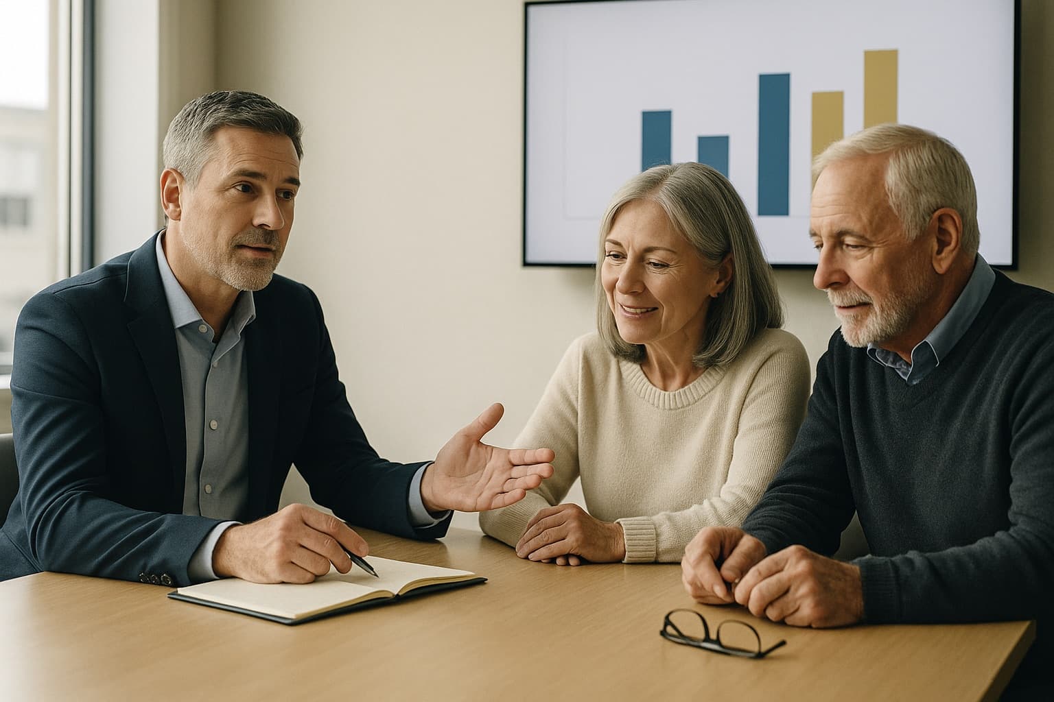 A financial advisor walking a retired couple through a chart on a screen