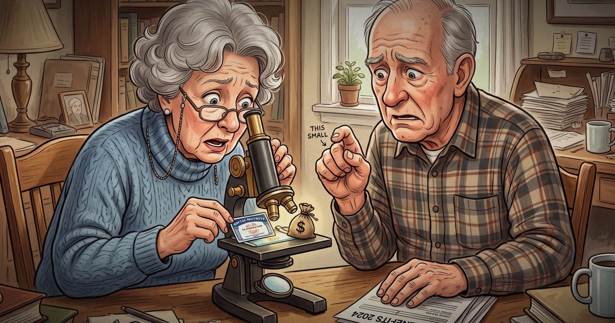 Illustration of a retired couple examining a Social Security card under a microscope